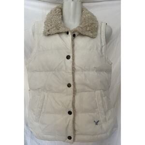 AMERICAN EAGLE Puffer Vest Women's Medium Down Filled Faux Fur Ivory Fitted